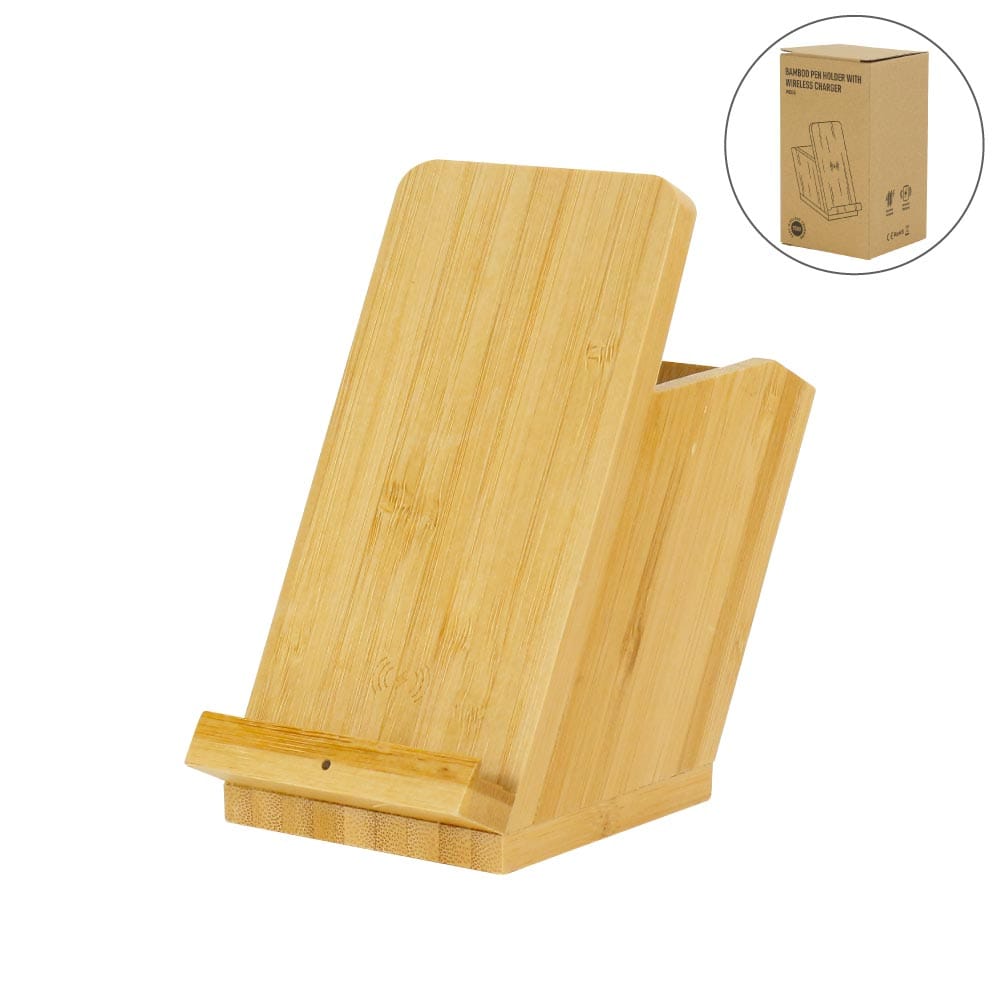 Bamboo-Pen-Holder-with-wireless-charger-WDS5-Blank.jpg Bamboo Pen Holder with 15W Fast Wireless Charger - Image 1