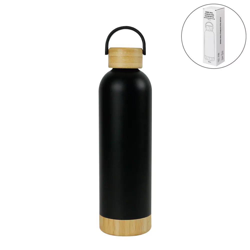 Bottle-TM-074-BLK-Blank.webp Double Wall SS Bottles with Bamboo Base & Lid 750 ml - Image 1