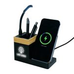 Bamboo Pen Holder with 15W Wireless Charger & LED Logo - Image 2