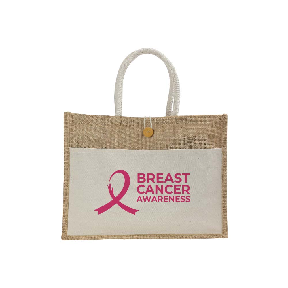 Breast-Cancer-Awareness-Bag-JSB-08-1.jpg Jute Bags with Cotton Pockets & Breast Cancer Awareness Logo - Image 1