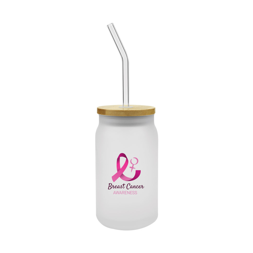 Breast-Cancer-Awareness-Glass-Bottle-TM-035-FRS-1.jpg Glass Bottle with Straw and Breast Cancer Awareness Logo - Image 1