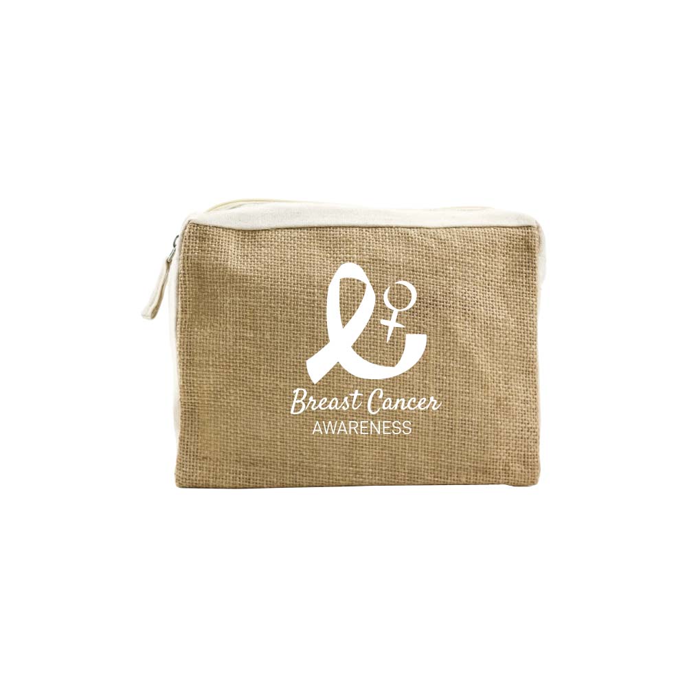 Breast-Cancer-Awareness-Pouch-PCH-006-NAT-1.jpg Jute & Cotton Zipper Pouch with Breast Cancer Awareness Logo - Image 1