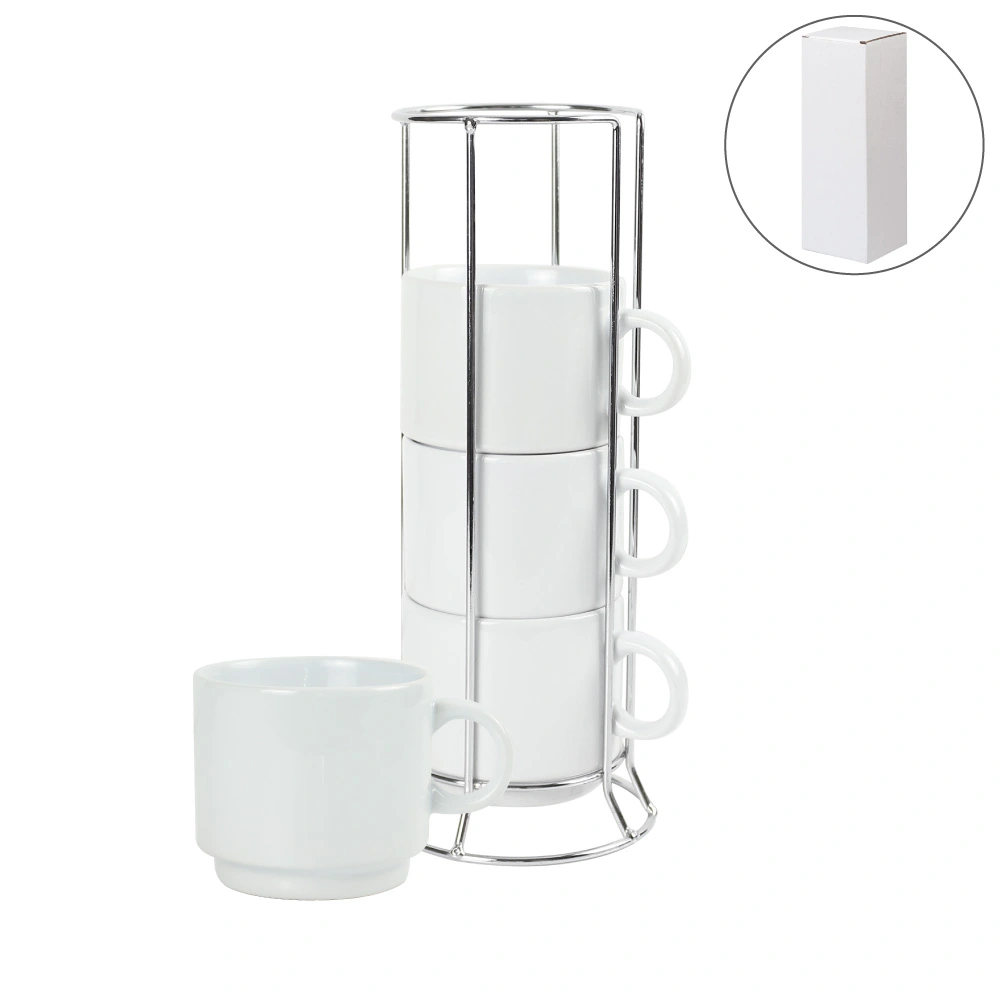 Coffee-Cups-Set-MU-CE190-Blank.webp Ceramic Coffee Cups Set 4Pcs in Silver Metal Rack - Image 1