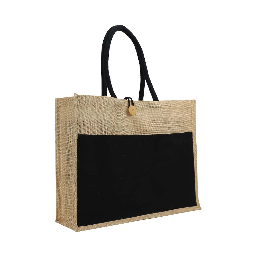 Jute-Bag-JSB-08-BLK-Blank.jpg Jute Bag with Black Cotton Pocket and Handle - Image 1