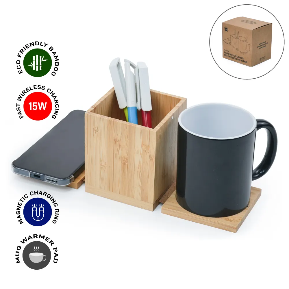 MultiFunction-Wireless-Charging-Pad-WCP-BM10-IM1-Main.webp Foldable Bamboo Fast Wireless Charging Pad 15W with Mug Warmer and Pen Holder - Image 1