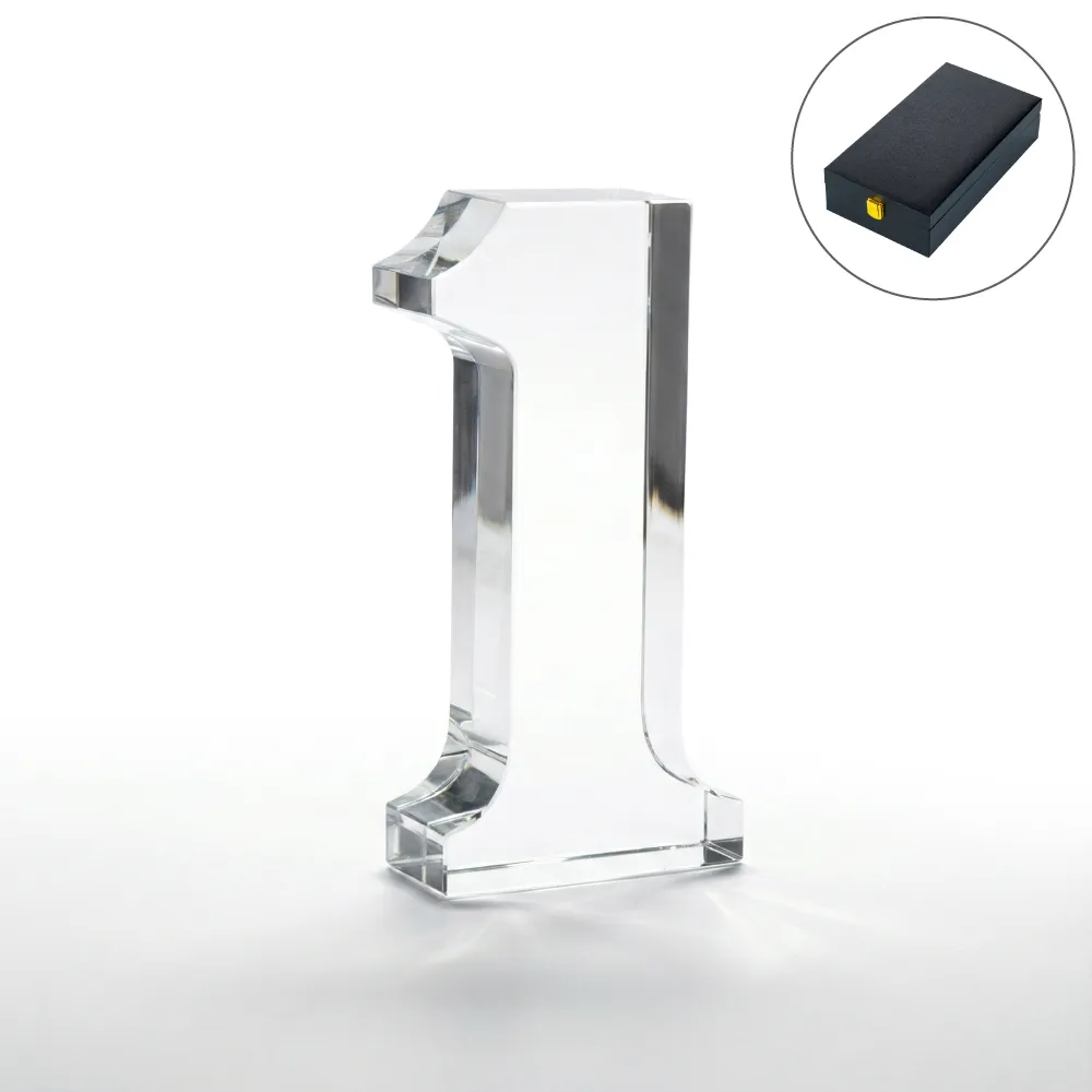 Number-One-Crystal-Glass-Trophy-TR-09-Blank.webp Crystal Glass Trophy in Number One Shape with Gold Lock Closure Box - Image 1
