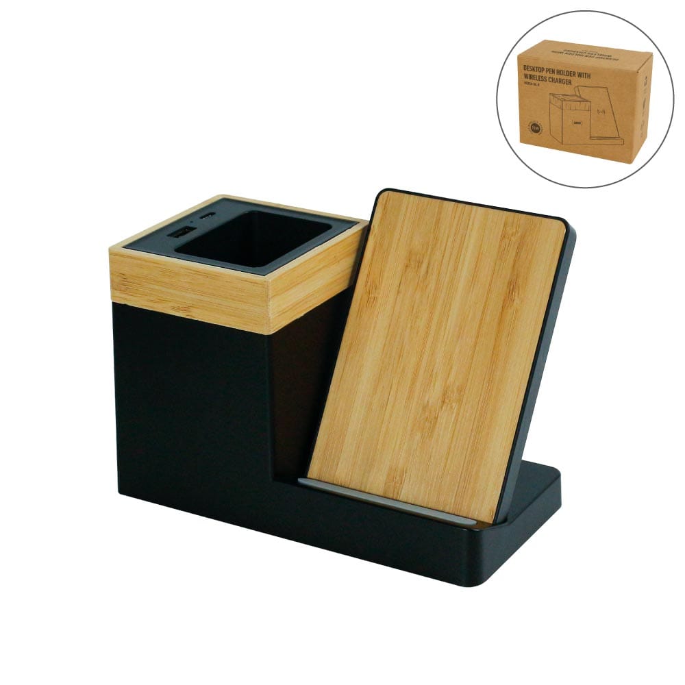 Pen-Holder-and-Wireless-Charger-WDS6-BLK-Blank.jpg Bamboo Pen Holder with 15W Wireless Charger & LED Logo - Image 1