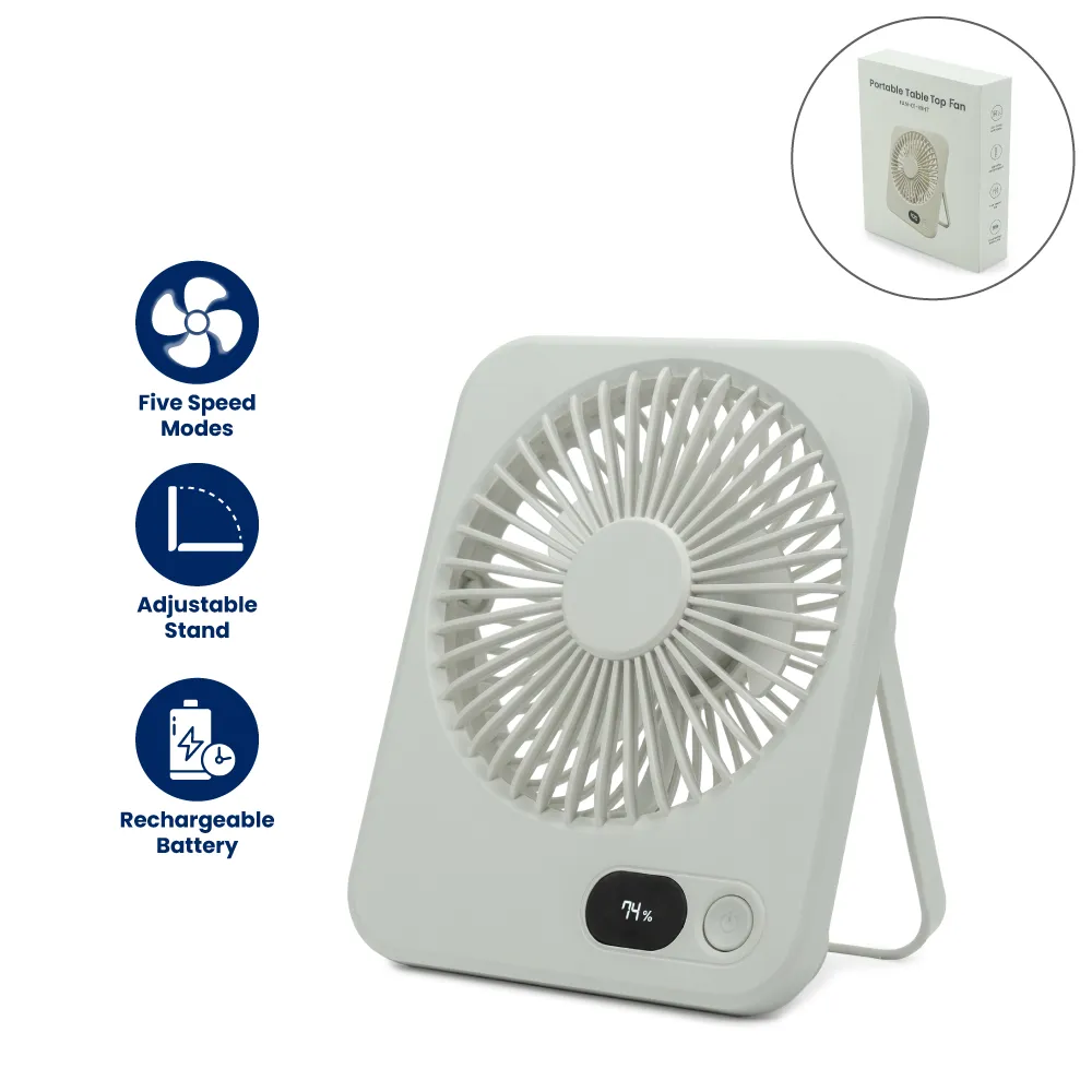 Portable-Rechargeable-Table-Top-Fan-FAN-01-Blank.webp Rechargeable Table-Top Fan with Rotating Desk Stand, Compact & Portable, Type-C - Image 1
