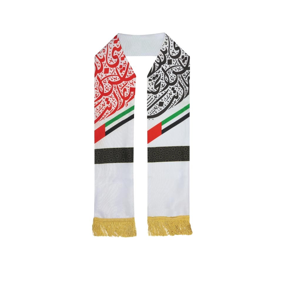 UAE-Flag-Polyester-Scarf-SC-06-2-1.jpg UAE Flag Polyester Scarf with Gold Tassel - Image 1